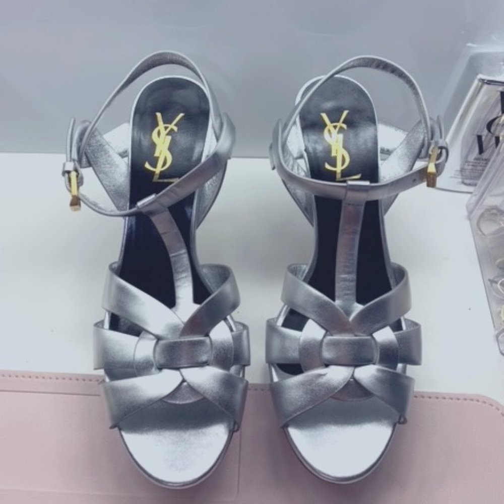 SAINT LAURENT Tribute 105 metallic leather platform sandals